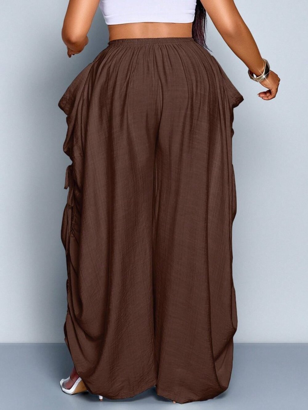 Brown Casual Women's Plus Size Knotted Pocket Loose Pants